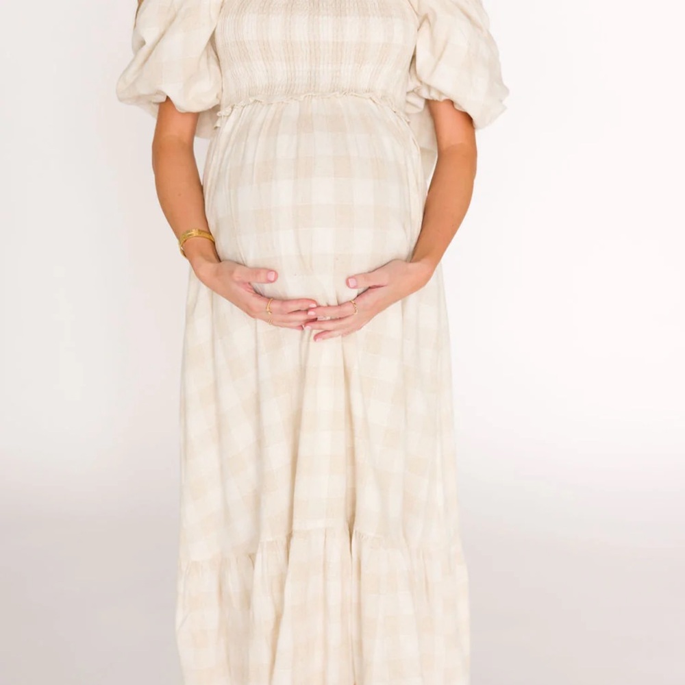 Plaid Puff Sleeve Maternity Dress